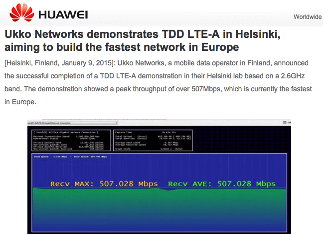 Finland’s Ukko Networks Hits 507 Mbps in TDD LTE-A Trial
