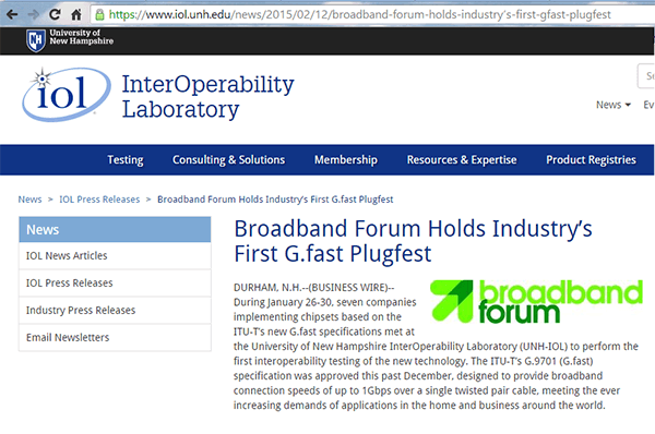 Broadband Forum Hosts G.fast Plugfest at UNH-IOL