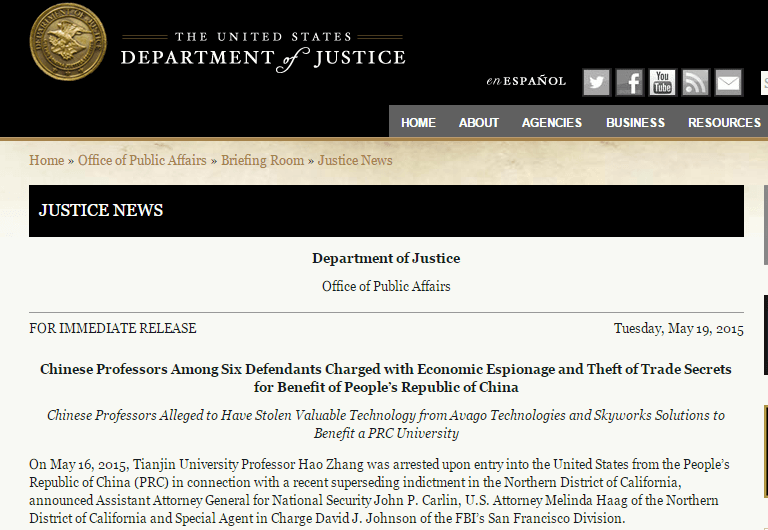 Dept of Justice Charges Chinese Professor with Espionage from Avago
