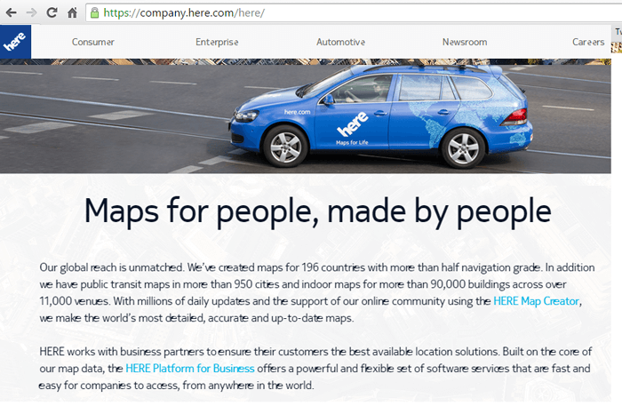 Nokia to Sell HERE Mapping Business to Auto Companies for EUR 2.8 Billion