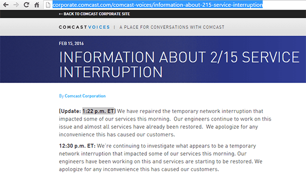 Comcast Suffers Widespread Outage