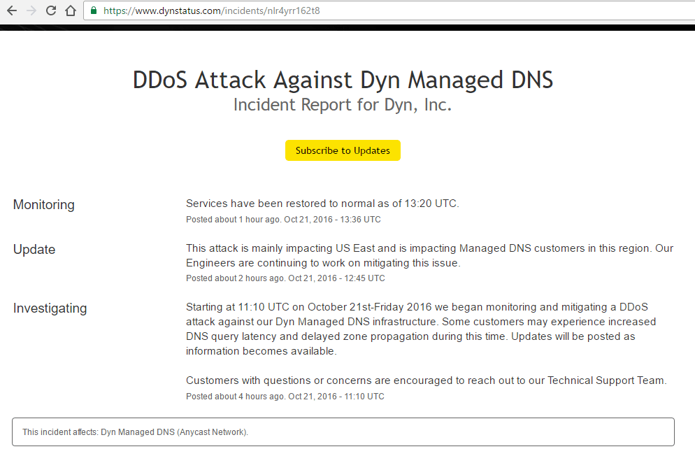 Dyn Managed DNS Hit by Major DDoS Attack