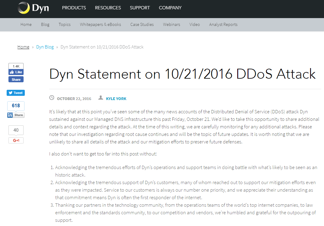 Dyn Cites Mirai Botnet as One Source of the Attack
