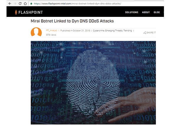 Flashpoint Links Dyn DDoS Attack to Mirai IoT Botnet