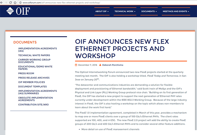 OIF Begins Work on Two FlexE Projects