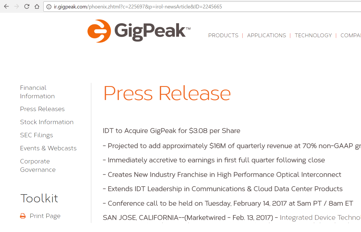 IDT to acquire GigPeak for $250m for Optical Interconnects