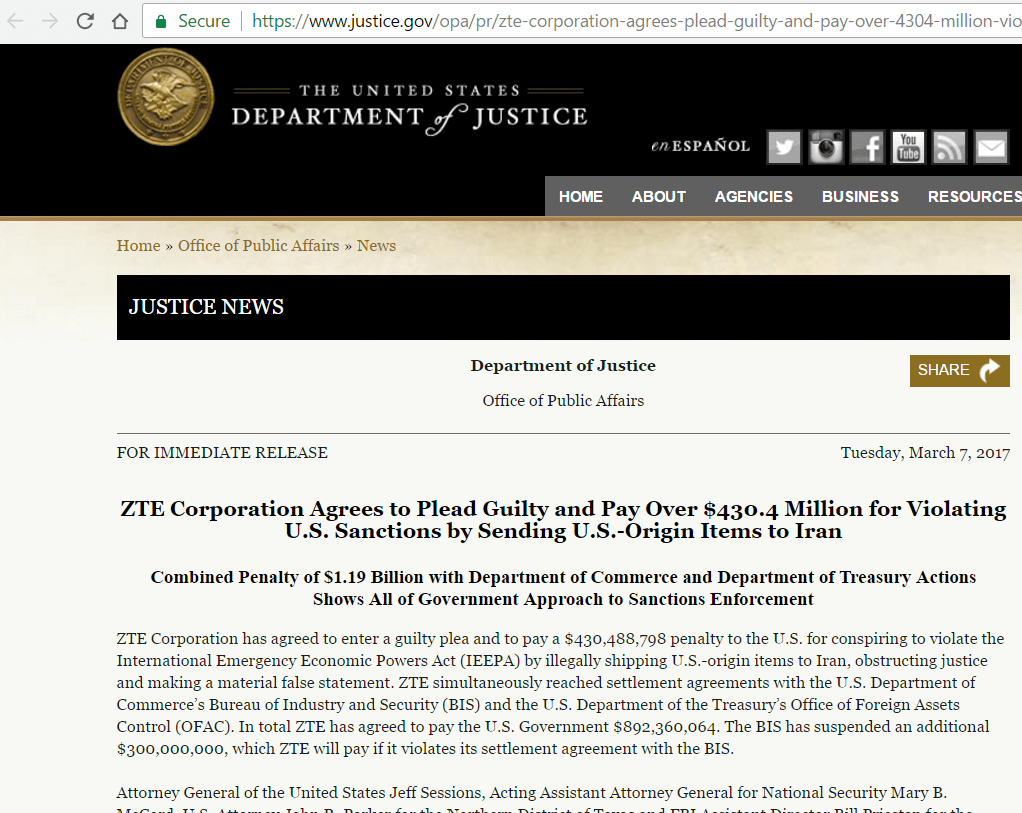 ZTE to Plead Guilty and Pay $1.19 Billion to U.S. Government