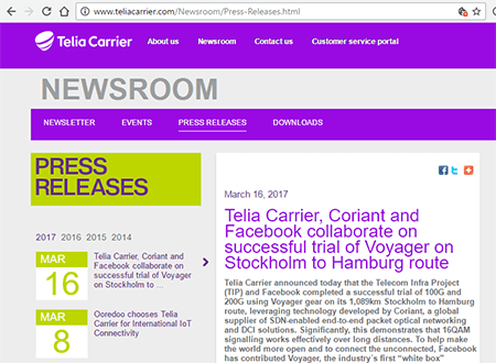 Telia Carrier Tests TIP’s Voyager Platform with Coriant