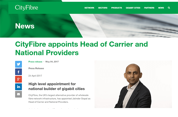 CityFibre appoints Jatinder Sispal as head of carrier and national providers