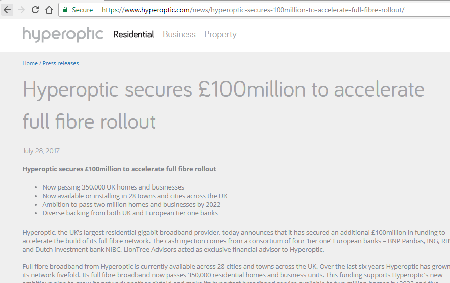 Hyperoptic secures GBP 100m to accelerate fibre rollout