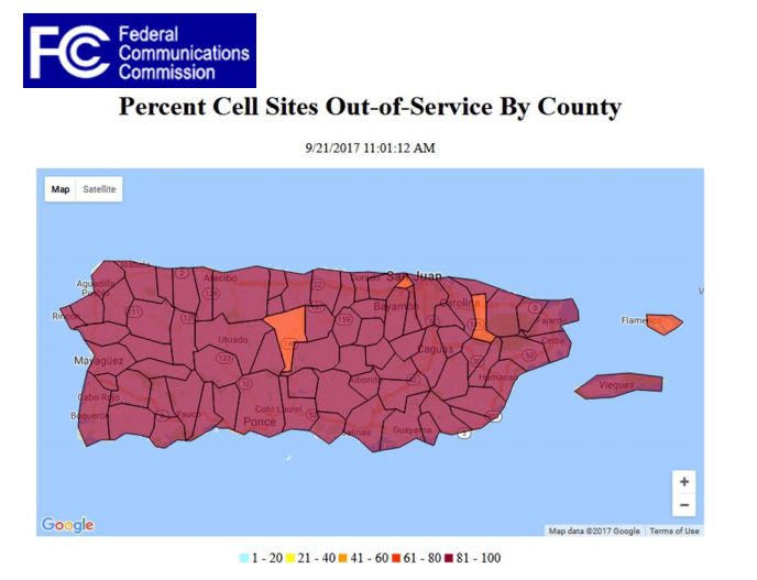 FCC: 95% of Cell Sites down in Puerto Rico