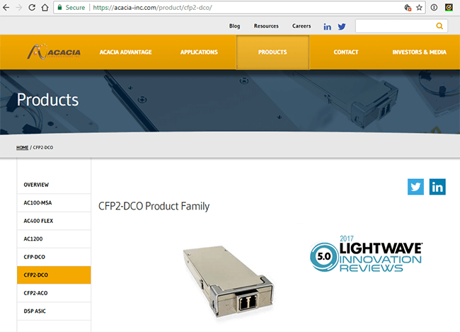 Acacia ships pluggable coherent CFP2-DCO module for 100/200G