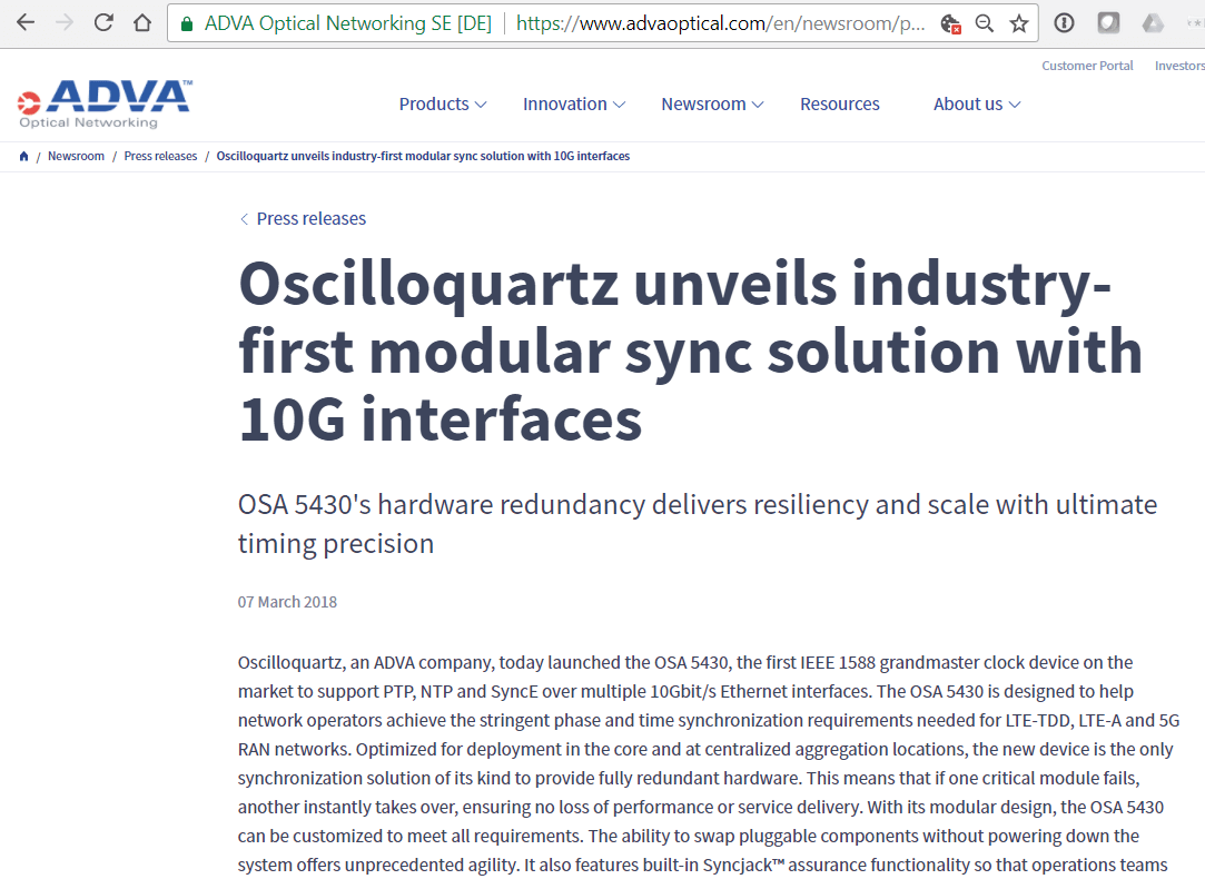 ADVA’s Oscilloquartz intros modular sync solution with 10G interfaces