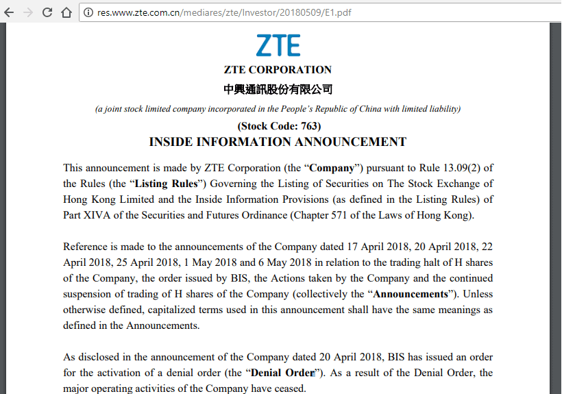 ZTE: Major operating activities have ceased