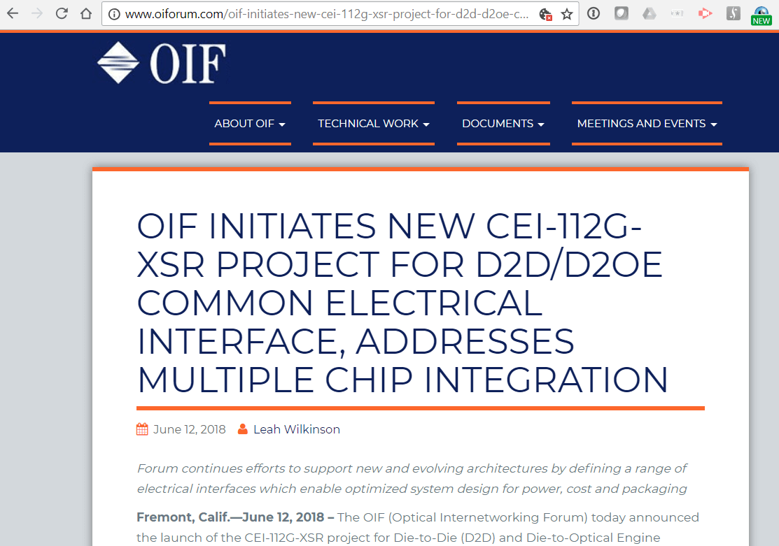 OIF initiates CEI-112G-XSR project