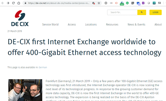 DE-CIX offers 400-GE access to its Frankfurt Exchange