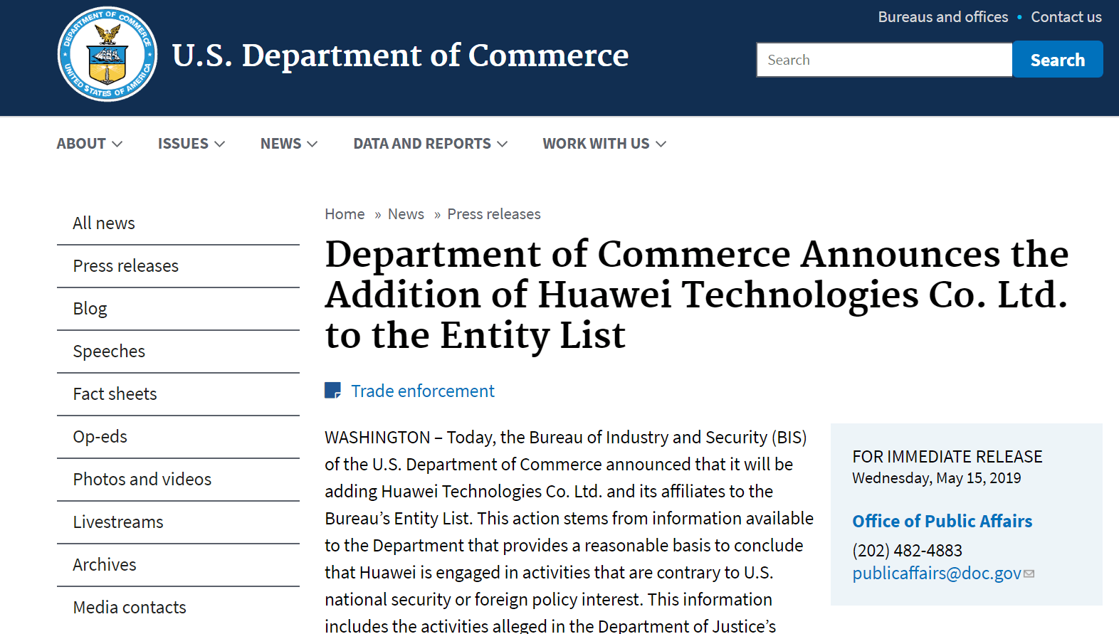 U.S. Dept of Commerce: Huawei restriction begins Friday