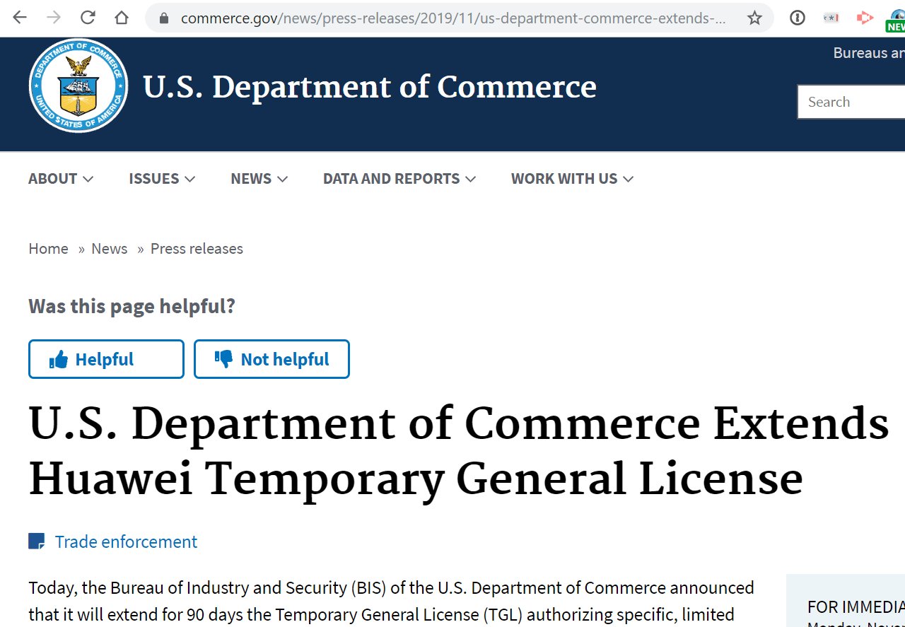 U.S. Depart of Commerce Extends Huawei temporary general license