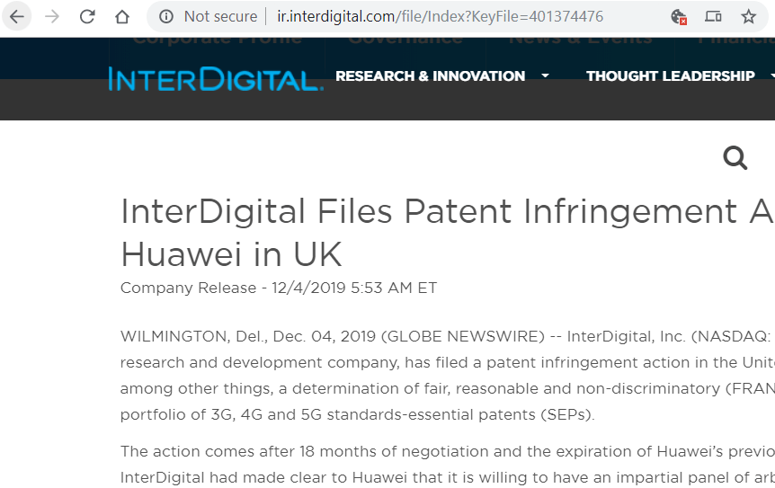 InterDigital files 3/4/5G patent lawsuit against Huawei