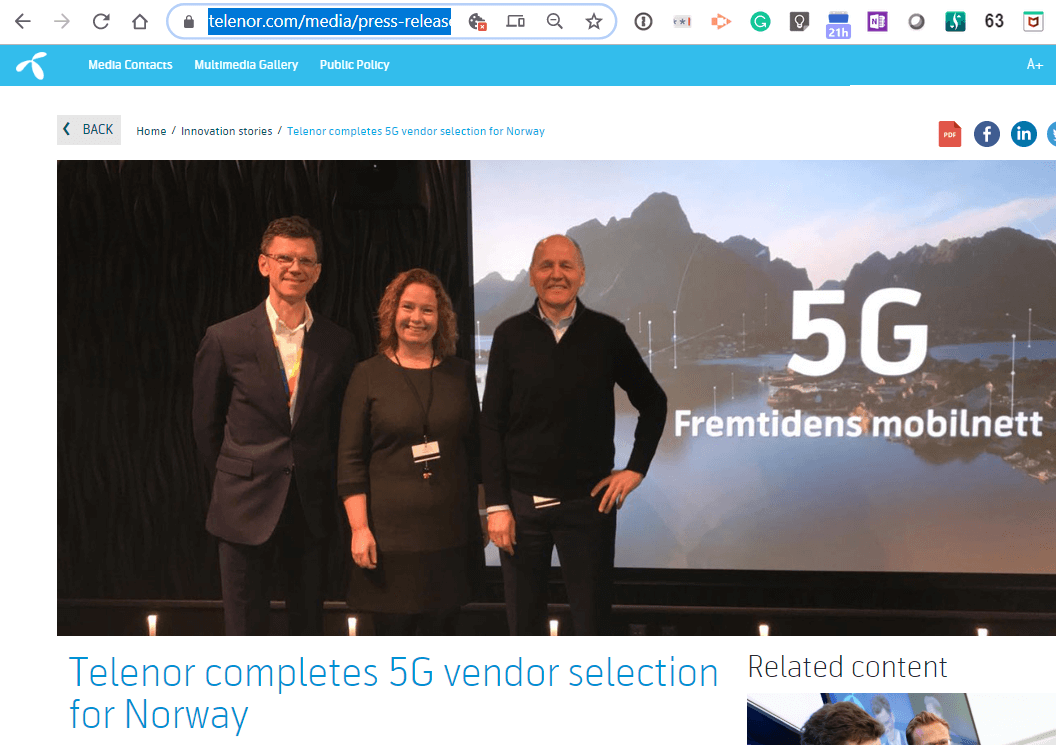 Telenor sticks with Ericsson, Nokia and Huawei for 5G
