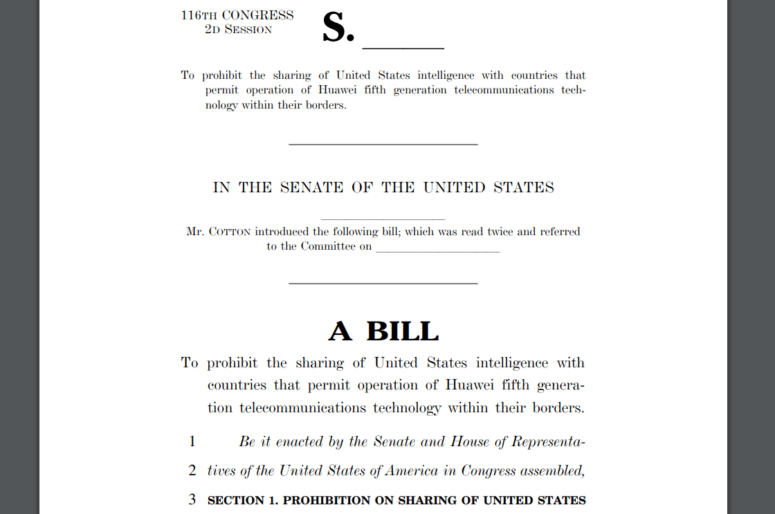 Senator proposes to limit U.S. intelligence sharing in countries with Huawei 5G networks