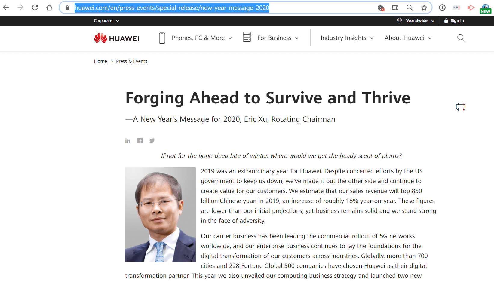 Huawei tops US$122B in 2019 revenue, up 18% yoy