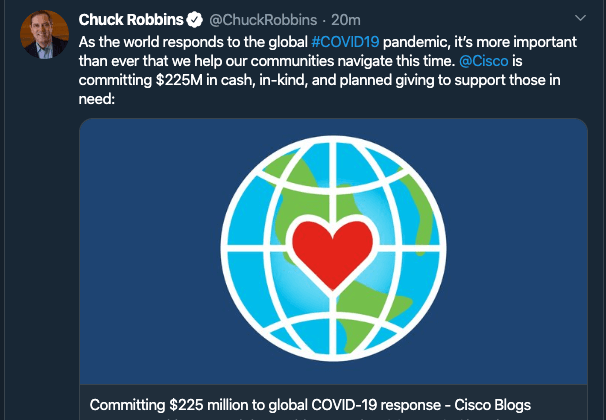 Cisco donates cash and products to support COVID-19 responders
