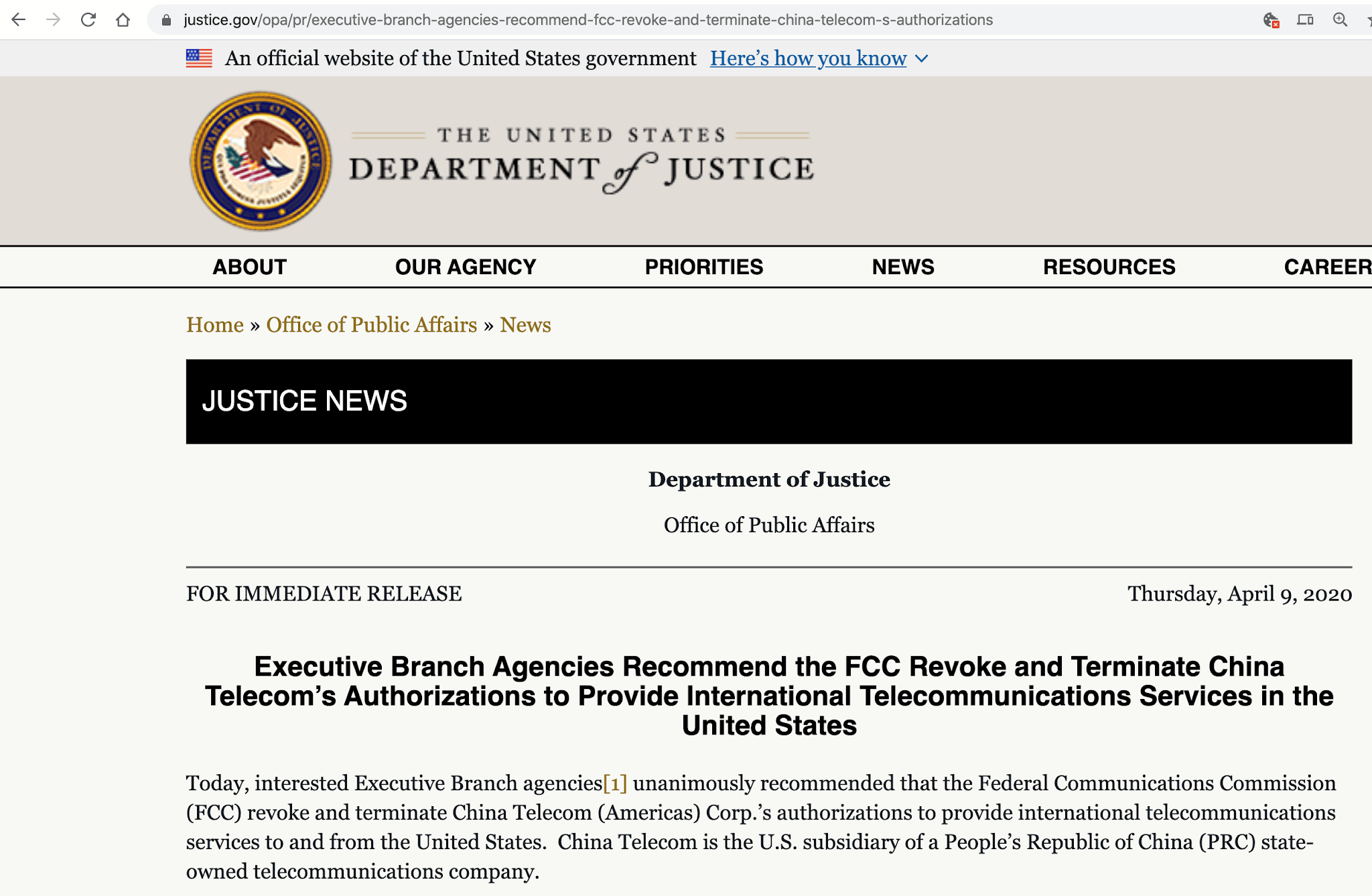 US Department of Justice recommends banning China Telecom