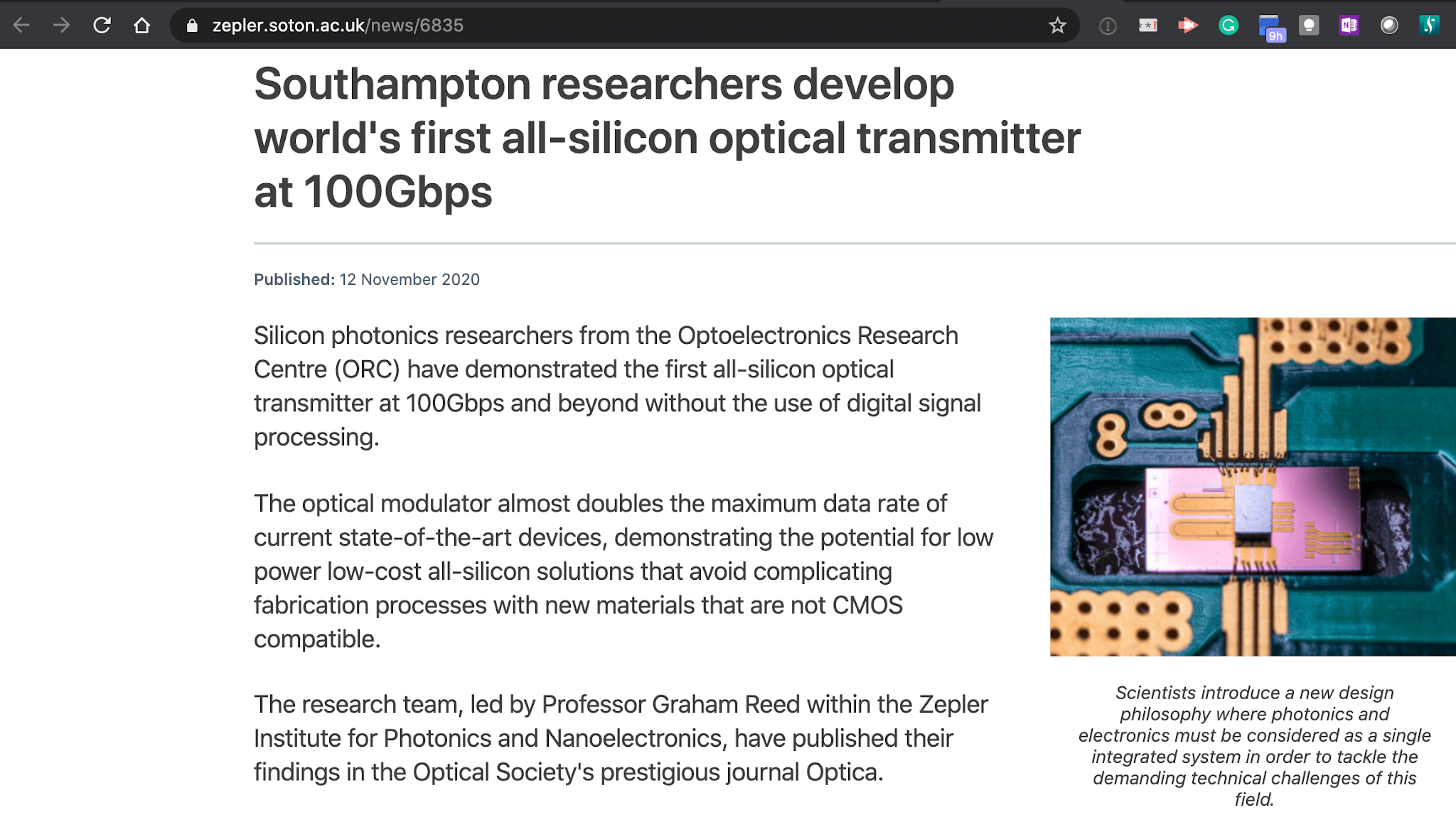 UK researchers develop all-silicon optical transmitter at 100Gbps