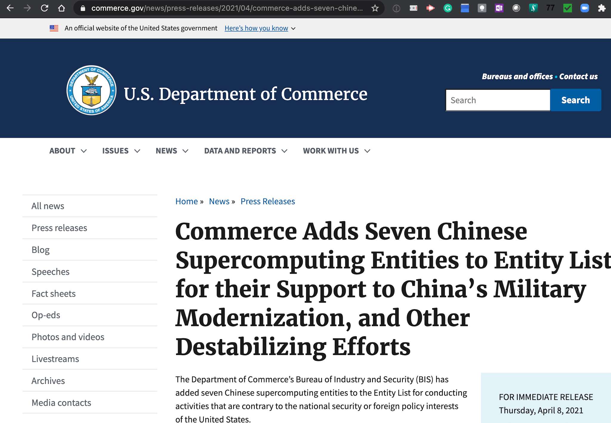 U.S. adds seven Chinese supercomputing sites to Entity List