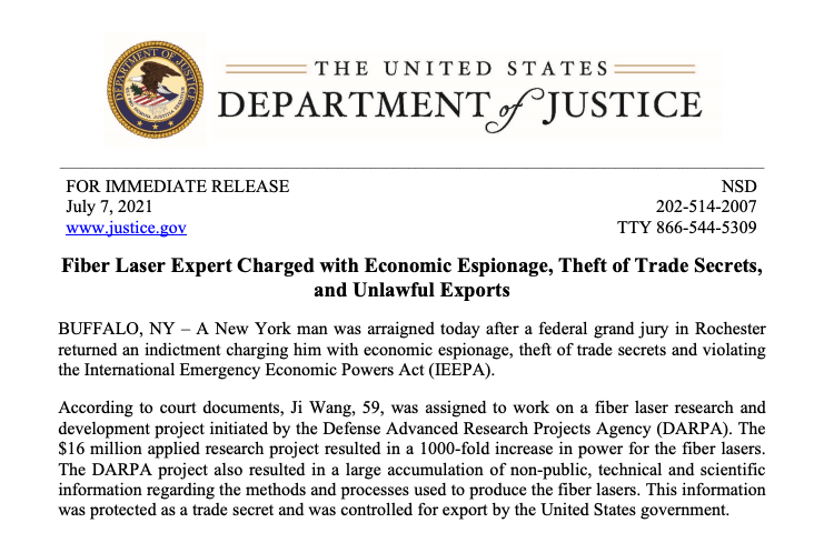 U.S. charges fiber laser expert with espionage over DARPA project