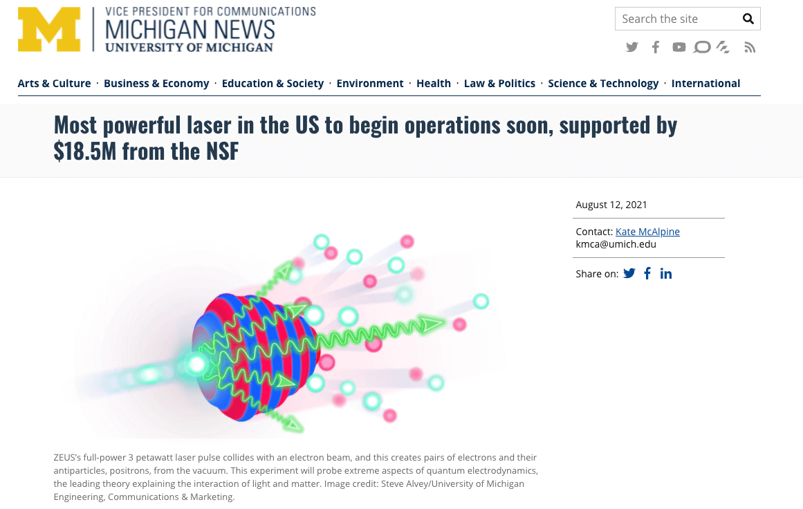 University of Michigan builds a 3 petawatt laser