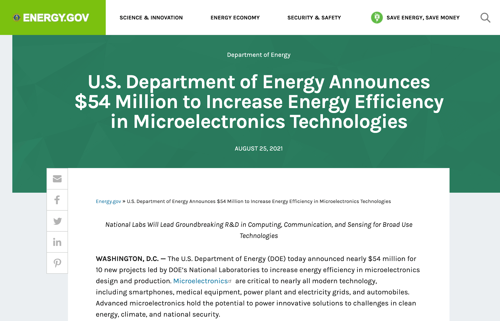 US Dept of Energy awards $54 million for microelectronics projects