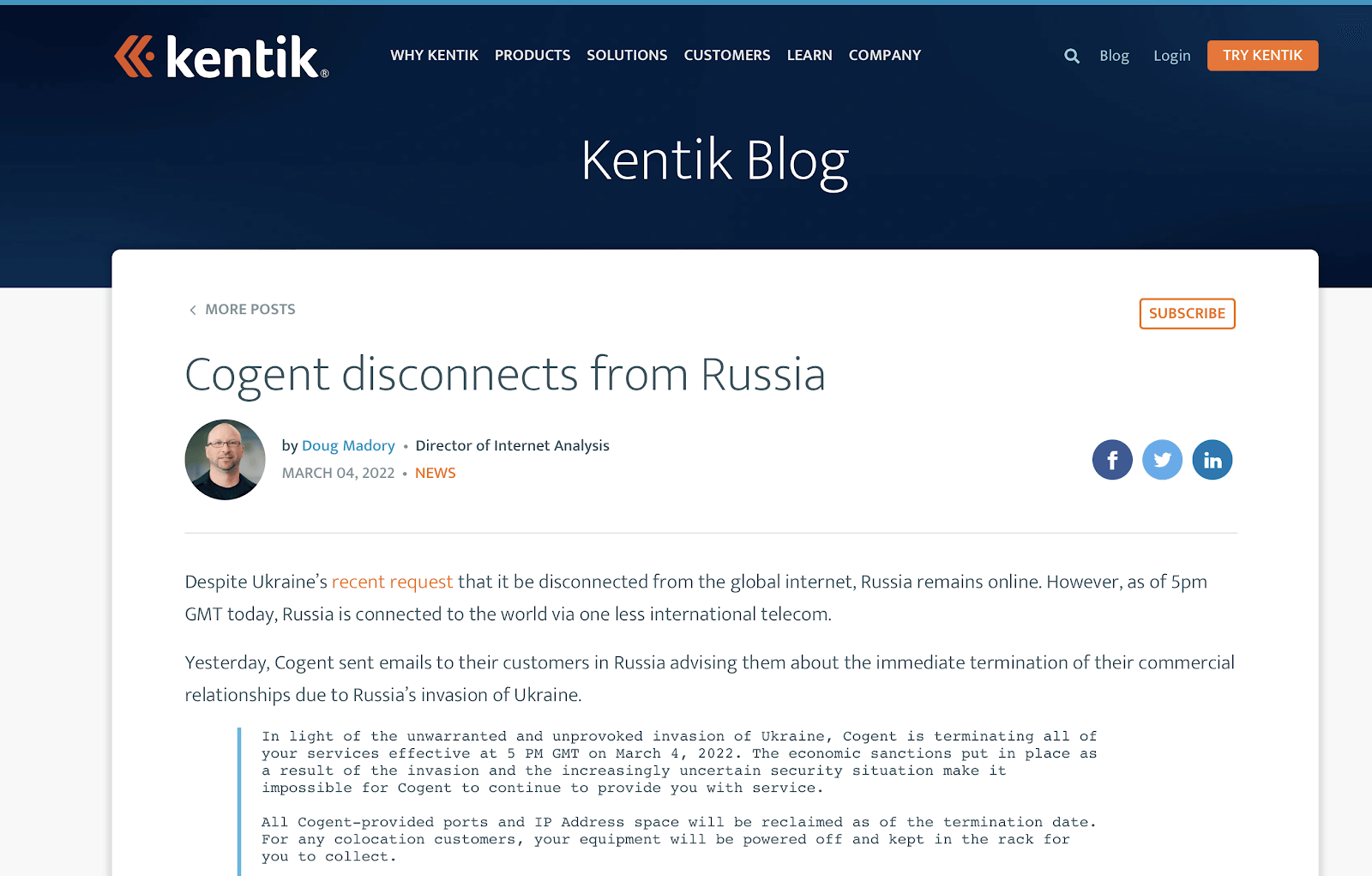 Kentik: Cogent disconnects from Russia